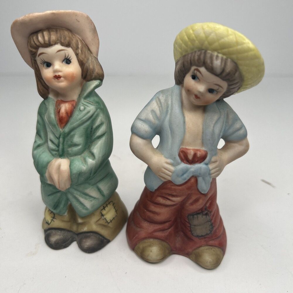 Vintage Mid Century Porcelain Hobo Children Figurines Pair Patched Boy Girl
